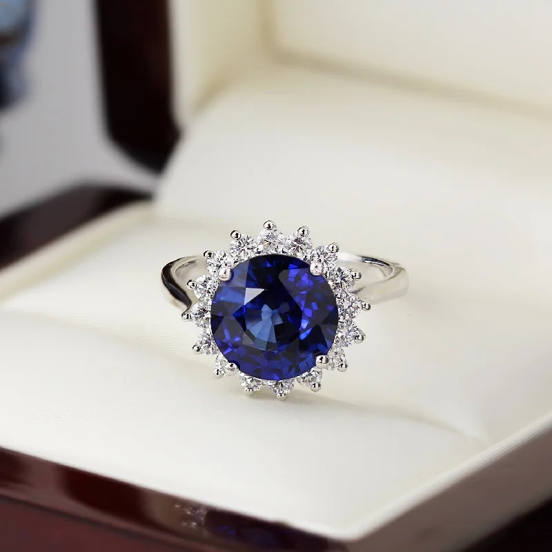 Minimalist rings with tiny diamond dot accents -Auriya 18k Gold 4ct Blue Sapphire Halo Diamond Engagement Ring 5/8ctw