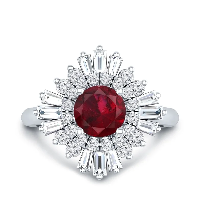 Rings with spiral ruby for bold twist -Auriya 1ct Red Ruby and 3/4ctw Ballerina Halo Baguette Diamond Engagement Ring 14k Gold