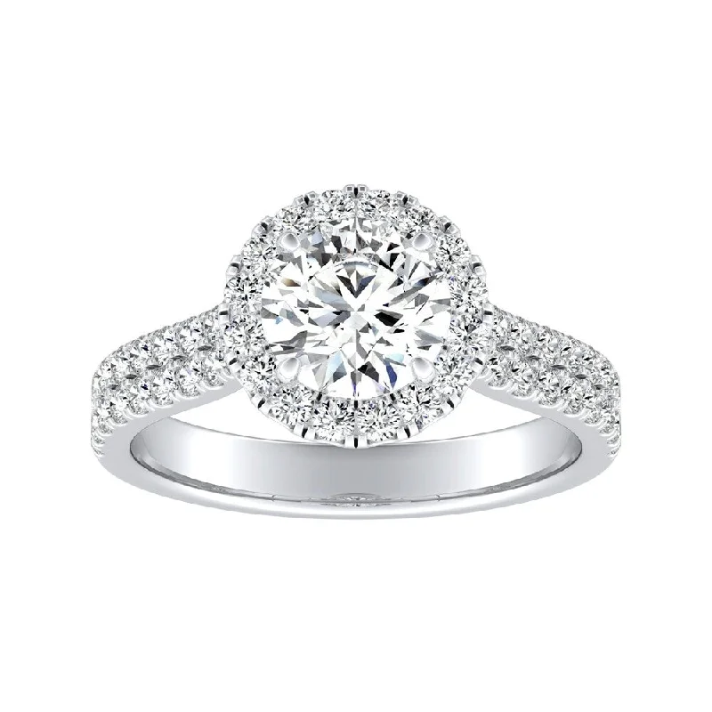 Rings with lotus flower engravings for peace -Auriya 1ct Round Moissanite Halo Diamond Engagement Ring 1/2ctw 14k Gold