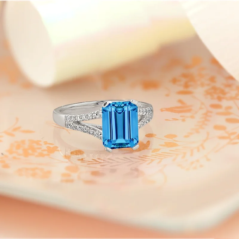 Rings with rough sapphire for rugged chic -Auriya 2 1/8ct Fancy Emerald-cut Swiss Blue Topaz and Diamond Engagement Ring 1/4ctw 14k Gold