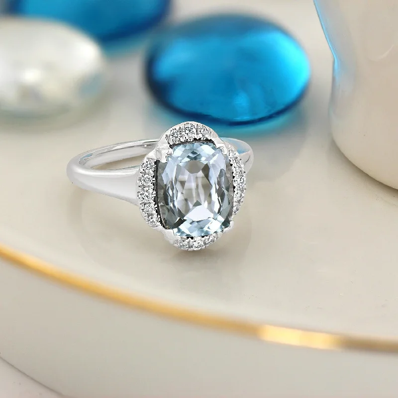 Rings with natural amber for warm glow -Auriya 2 3/8ct Cushion-cut Aquamarine Halo Diamond Engagement Ring 1/8ctw 14k Gold