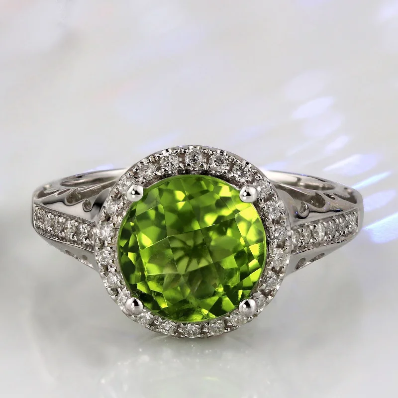 Rings with sunburst citrine for radiant appeal -Auriya 2 5/8ct Fancy Round Green Peridot and 1/5ctw Halo Diamond Engagement Ring