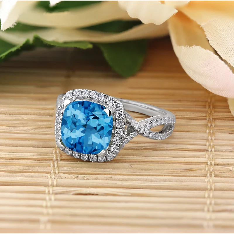 Rings with engraved constellations for stargazers -Auriya 3 1/8ct Cushion-cut Swiss Blue Topaz and Halo Diamond Engagement Ring 1/2cttw 14k Gold