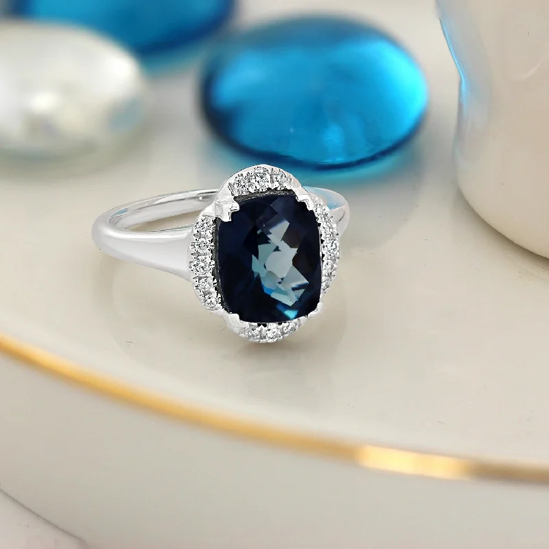 Rings with blue quartz for cool tones -Auriya 4ct Cushion-cut London Blue Topaz Halo Diamond Engagement Ring 1/8ctw 14k Gold