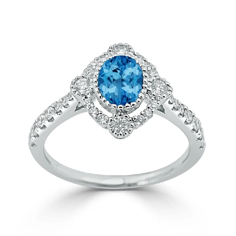 Rings with crescent moon for lunar charm -Auriya 7/8ct Oval-cut Blue Topaz and Halo Diamond Engagement Ring 1/2ctw 18K Gold