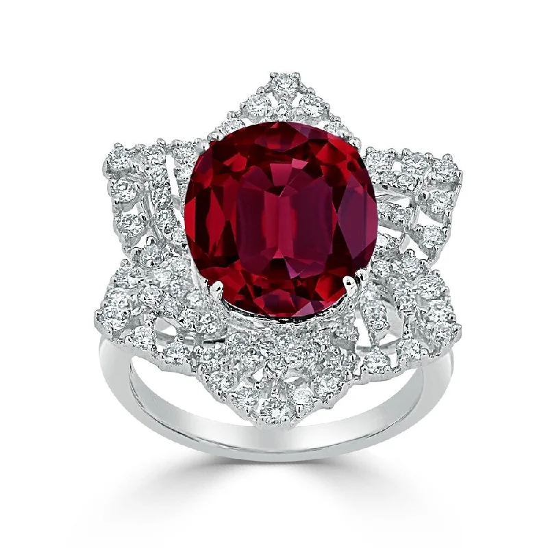 Rings with peridot gems for fresh green -Auriya 8 1/3ct Oval Red Ruby and 9/10ctw Starburst Halo Diamond Ring 18K Gold