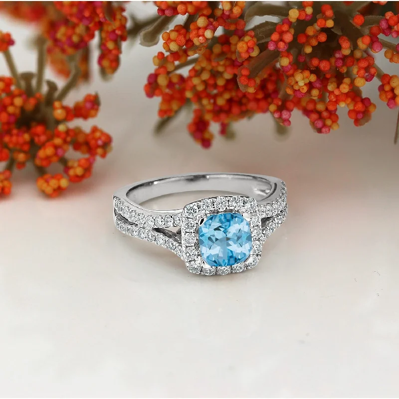 Rings with etched floral bands for detail -Auriya 9/10ct Cushion-cut Sky Blue Topaz Halo Diamond Engagement Ring 5/8ctw 14k Gold