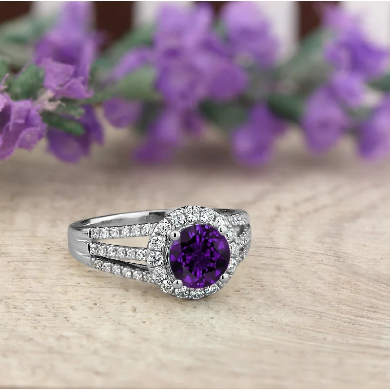 Rings with vintage-inspired rose-cut diamonds -Auriya Modern 1 1/3ct Purple Amethyst and Halo Diamond Engagement Ring 1/2cttw 14k Gold