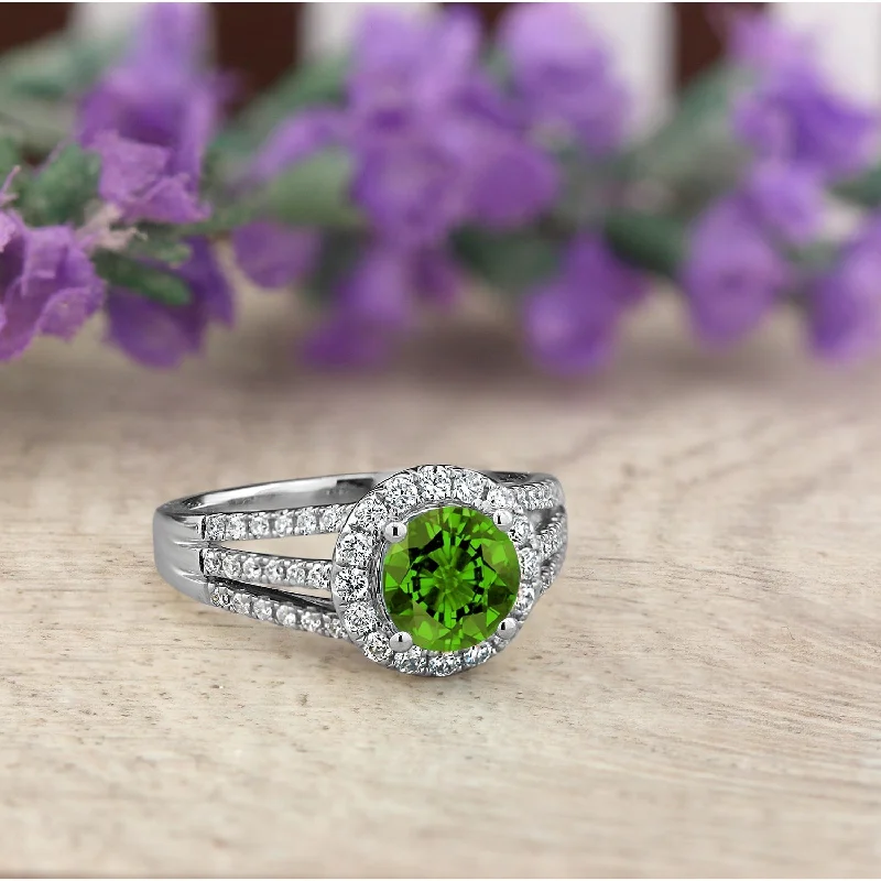 Rings with branch-inspired bands for organic -Auriya Modern 1 3/8ct Peridot and Halo Diamond Engagement Ring 1/2cttw 14k Gold