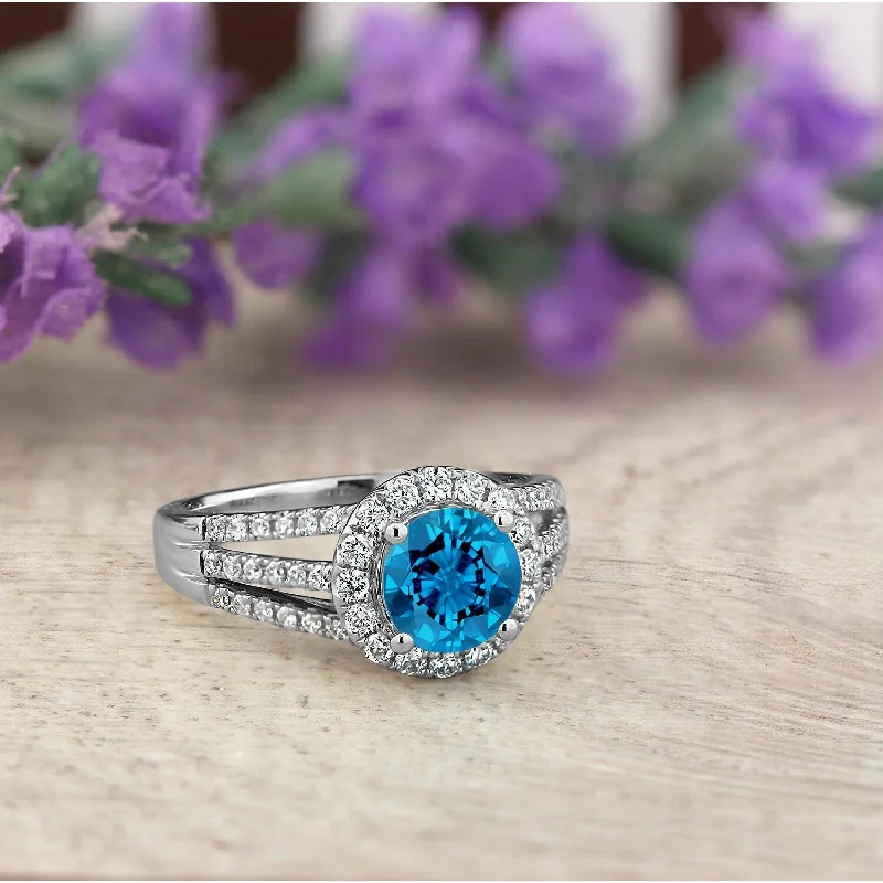 Rings with vine-wrapped bands for nature -Auriya Modern 1 3/8ct Swiss Blue Topaz and Halo Diamond Engagement Ring 1/2cttw 14k Gold