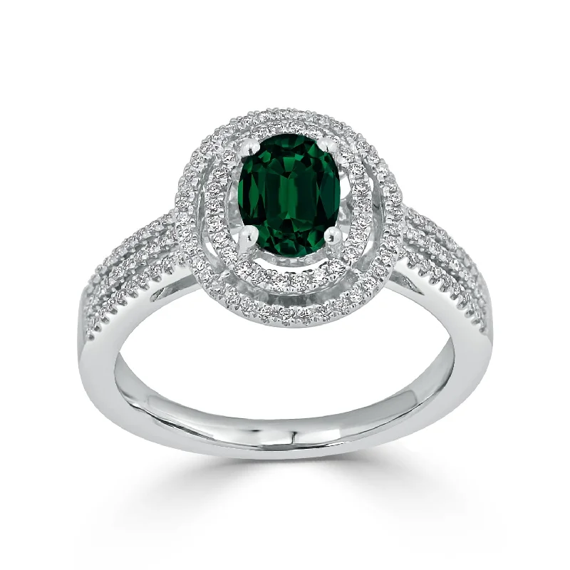 Rings with hammered silver for rustic appeal -Auriya Modern 3/4ct Oval Emerald and Halo Diamond Ring 1/4cttw 18K Gold