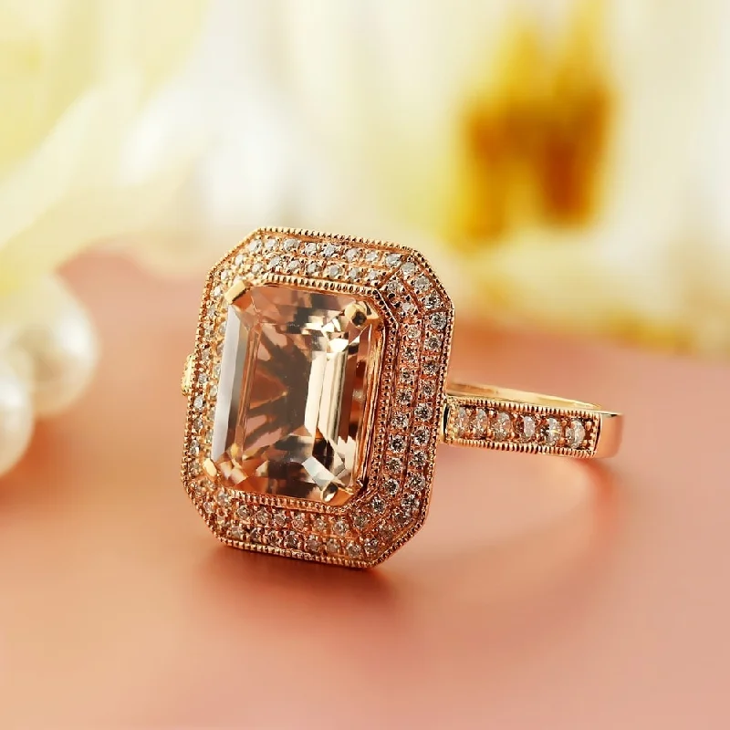 Rings with raw citrine for sunny charm -Auriya Vintage 2 3/4ct Emerald-cut Morganite 1/3ctw Halo Diamond Engagement Ring 10K Rose Gold