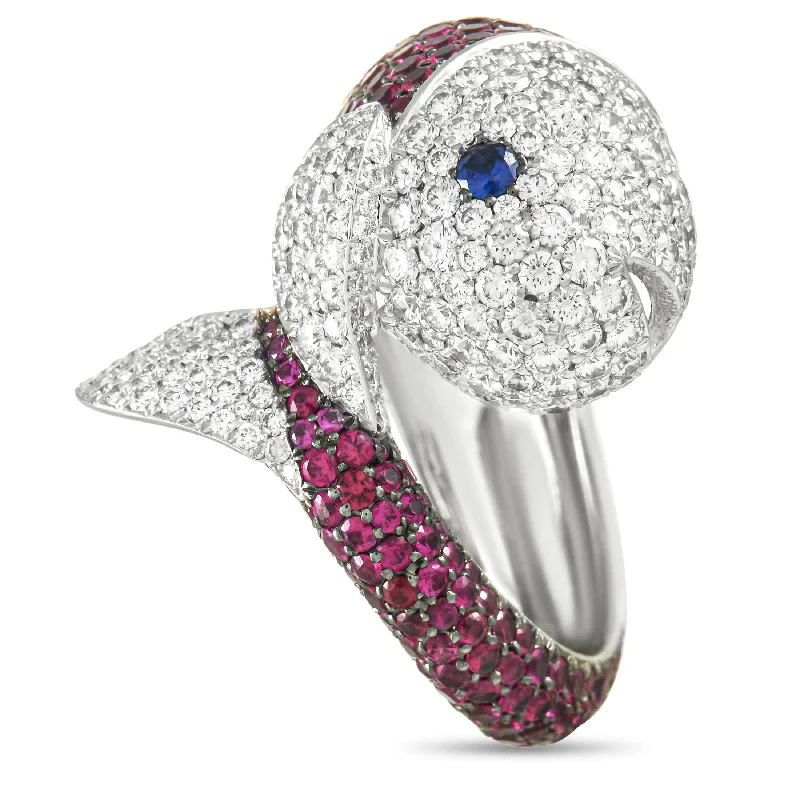 Rings with crescent moon for lunar charm -Chopard 18K White Gold 1.88 ct Diamond, Ruby and Sapphire Fish Ring