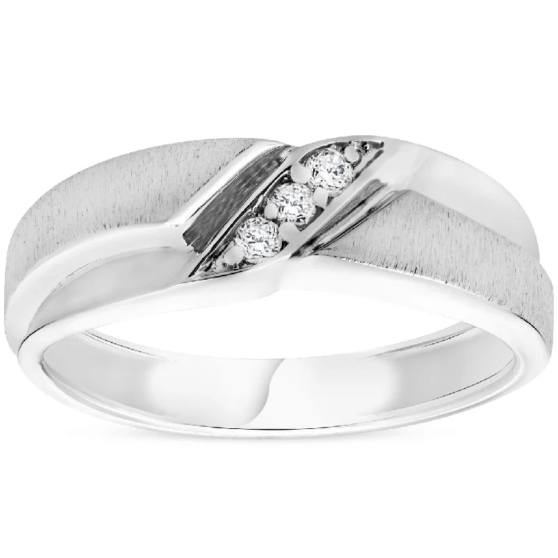 Rings with rough sapphire for rugged chic -Mens 1/10ct White Gold Diamond Ring Contour Brushed Three Stone Wedding Band