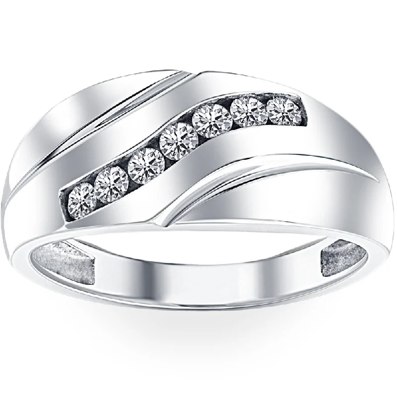 Titanium rings with rugged brushed metal look -Mens 1/3ct Diamond Wedding Ring 10k White Gold Anniversary Band