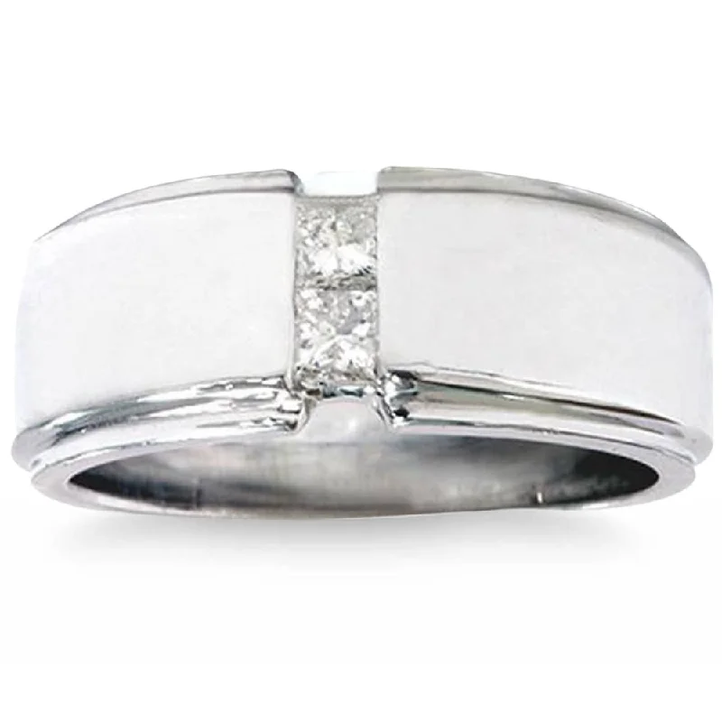 Rings with moonstone gems for ethereal glow -Mens 14K White Gold Princess Cut Diamond Wedding Ring