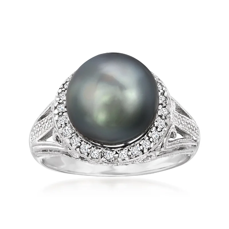 Rings with branch-inspired bands for organic -Ross-Simons 11-12mm Black Cultured Tahitian Pearl Ring With . White Topaz in Sterling Silver