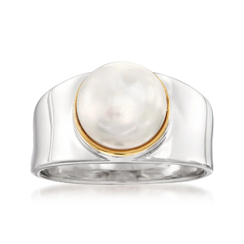 Rings with lotus flower engravings for peace -Ross-Simons 9.5-10mm Cultured Pearl Ring in Sterling Silver With 14kt Gold