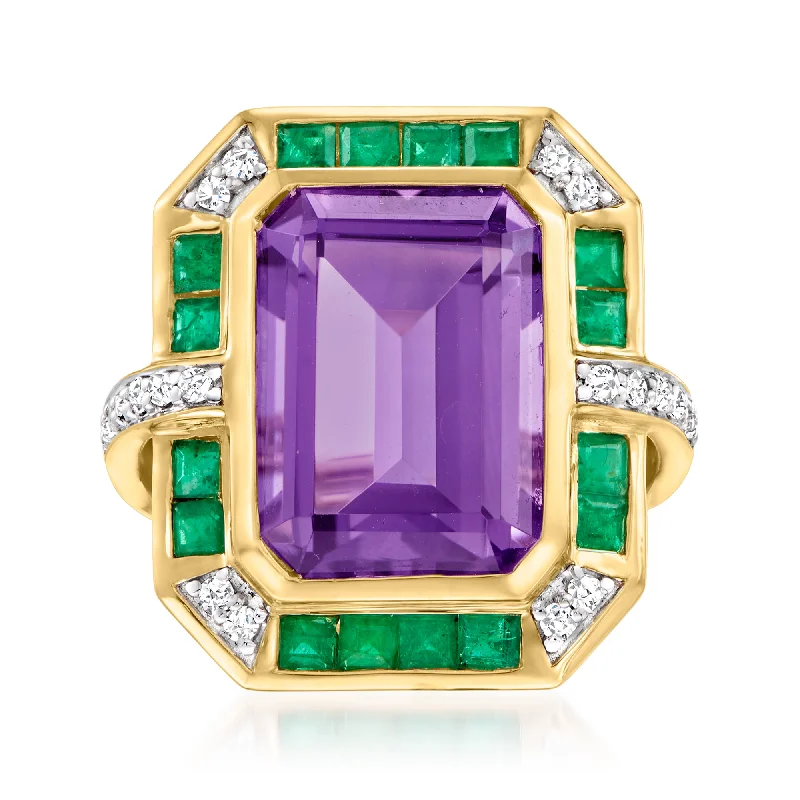 Rings with hexagon-cut stones for trendiness -Ross-Simons Amethyst, . Emerald and . Diamond Ring in 14kt Yellow Gold