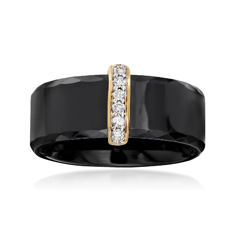 Rings with citrine stones for sunny vibes -Ross-Simons Black Ceramic Ring With Diamond Bar in 14kt Yellow Gold