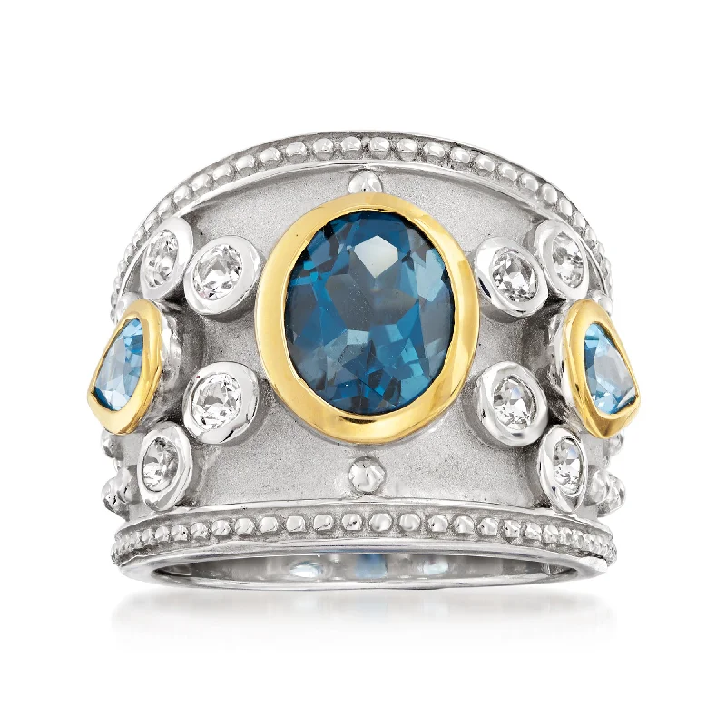 Rings with hexagon-cut stones for trendiness -Ross-Simons Blue and White Topaz Ring in Sterling Silver With 14kt Yellow Gold