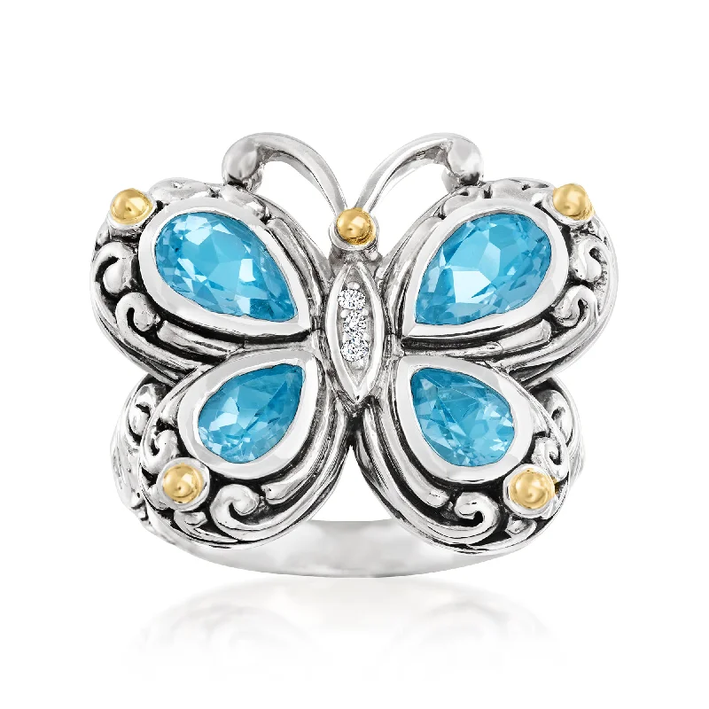 Rings with channel-set turquoise for color -Ross-Simons Blue Topaz Bali-Style Butterfly Ring With White Topaz and 14kt Gold Accents in Sterling Silver