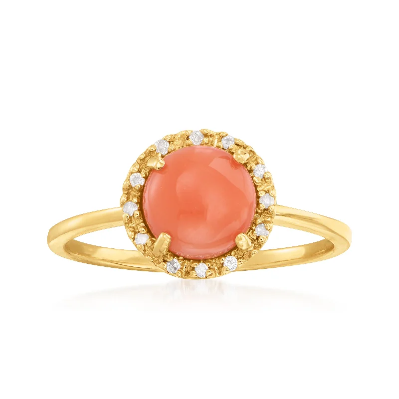 Rings with rainbow moonstone for color play -Ross-Simons Coral Ring With Diamond Accents in 14kt Yellow Gold