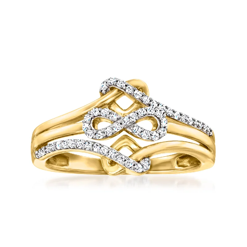 Rings with wide bands for statement wear -Ross-Simons Diamond Infinity Symbol and Love Knot Ring in 14kt Yellow Gold