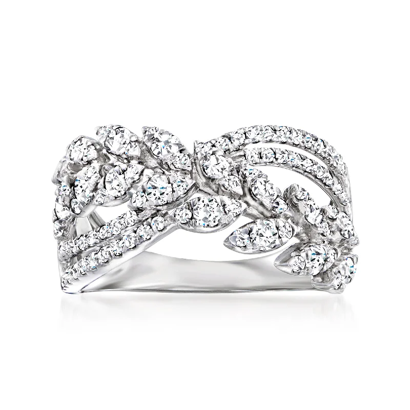 Minimalist rings with tiny diamond dot accents -Ross-Simons Diamond Leaf Crossover Ring in 14kt White Gold