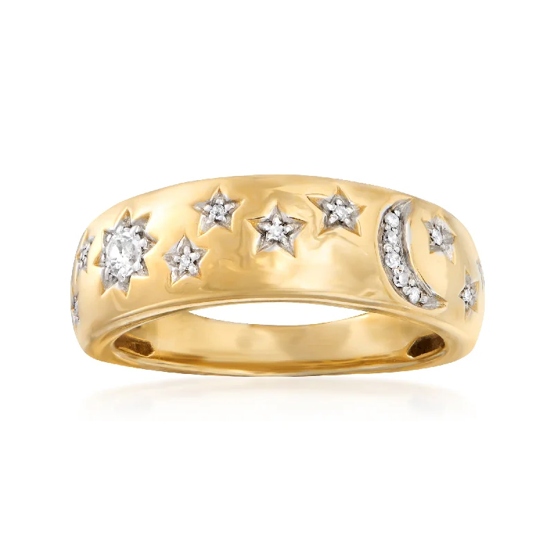 Rings with vine-wrapped bands for nature -Ross-Simons Diamond Moon and Star Ring in 18kt Gold Over Sterling