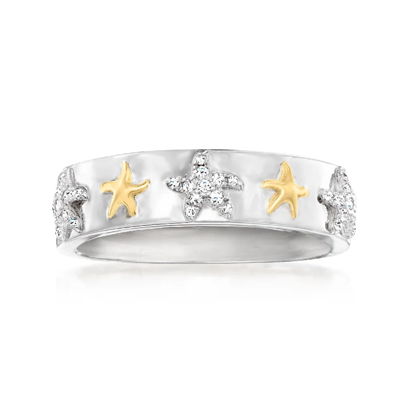 Rings with polished tourmaline for vibrant shine -Ross-Simons Diamond Starfish Band Ring in 2-Tone Sterling Silver