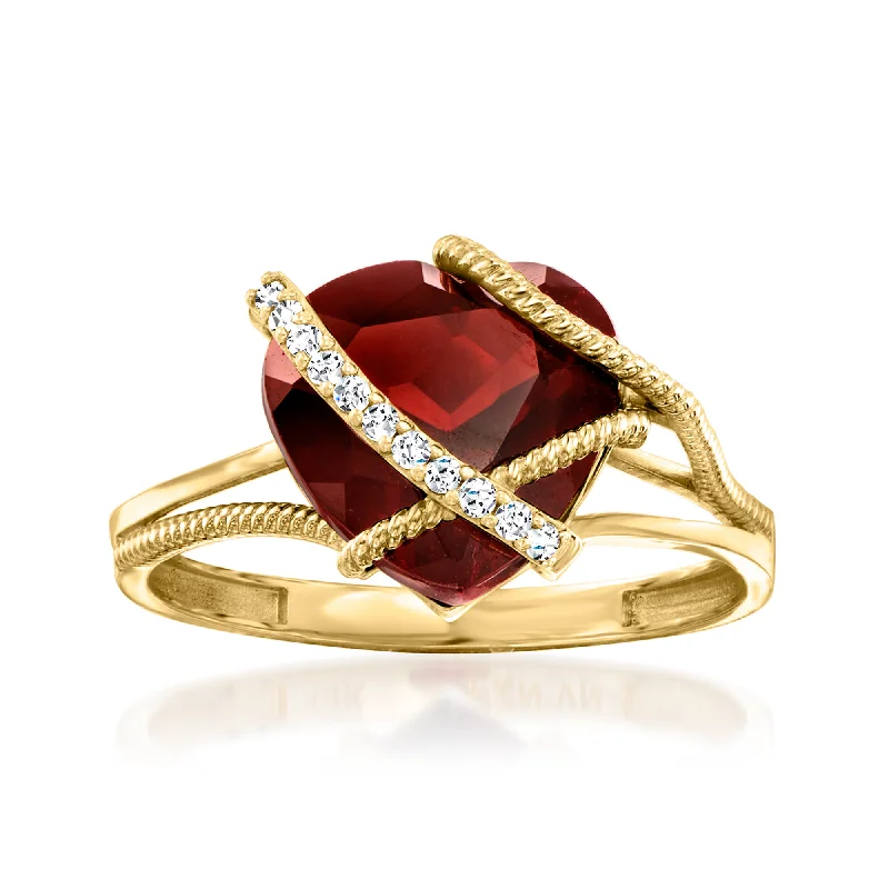 Rings with hexagon-cut stones for trendiness -Ross-Simons Garnet Heart Ring With Diamond Accents in 14kt Yellow Gold