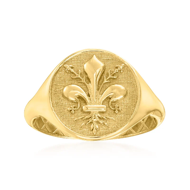 Rings with rainbow moonstone for color play -Ross-Simons Italian 14kt Yellow Gold Fleur-De-Lis Signet Ring