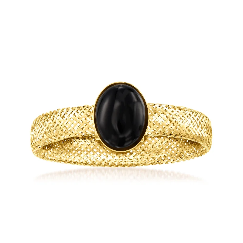 Rings with floral amethyst for romantic touch -Ross-Simons Italian Black Onyx Mesh Stretch Ring in 14kt Yellow Gold