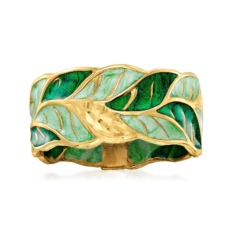 Rings with vintage-inspired rose-cut diamonds -Ross-Simons Italian Green Enamel Leaf Ring in 14kt Yellow Gold