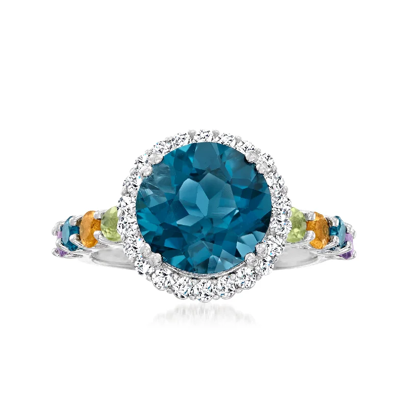 Rings with coral stones for vibrant pop -Ross-Simons London Blue Topaz and Multi-Gem Halo Ring in Sterling Silver