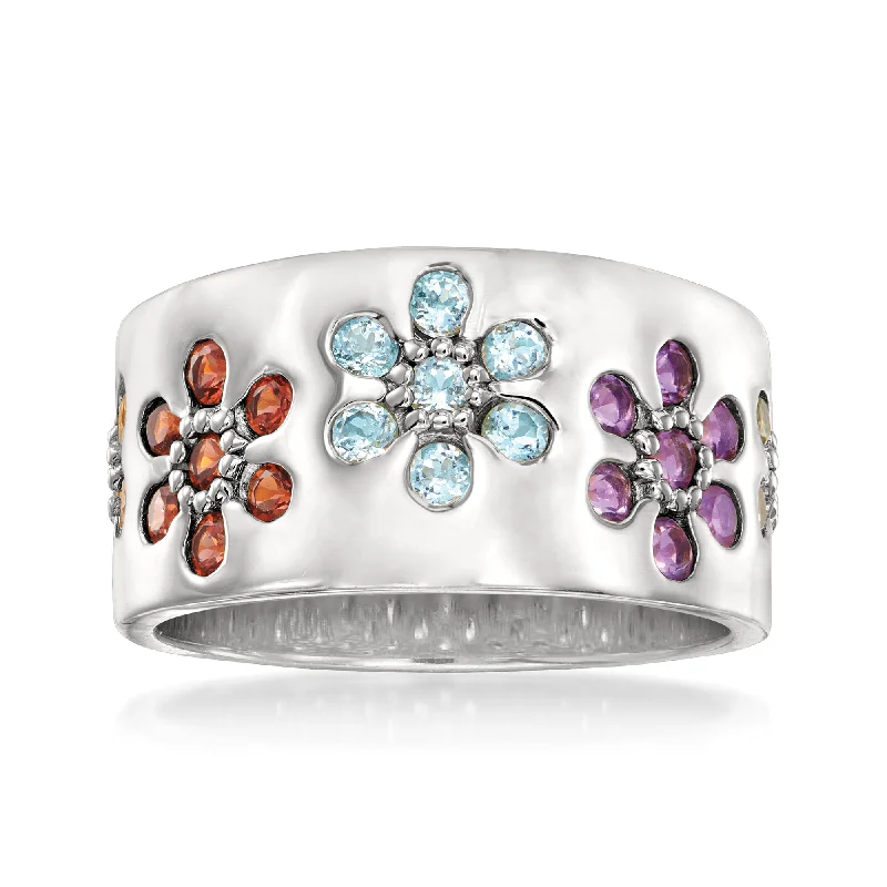 Rings with spiral ruby for bold twist -Ross-Simons Multi-Gem Flower Ring in Sterling Silver