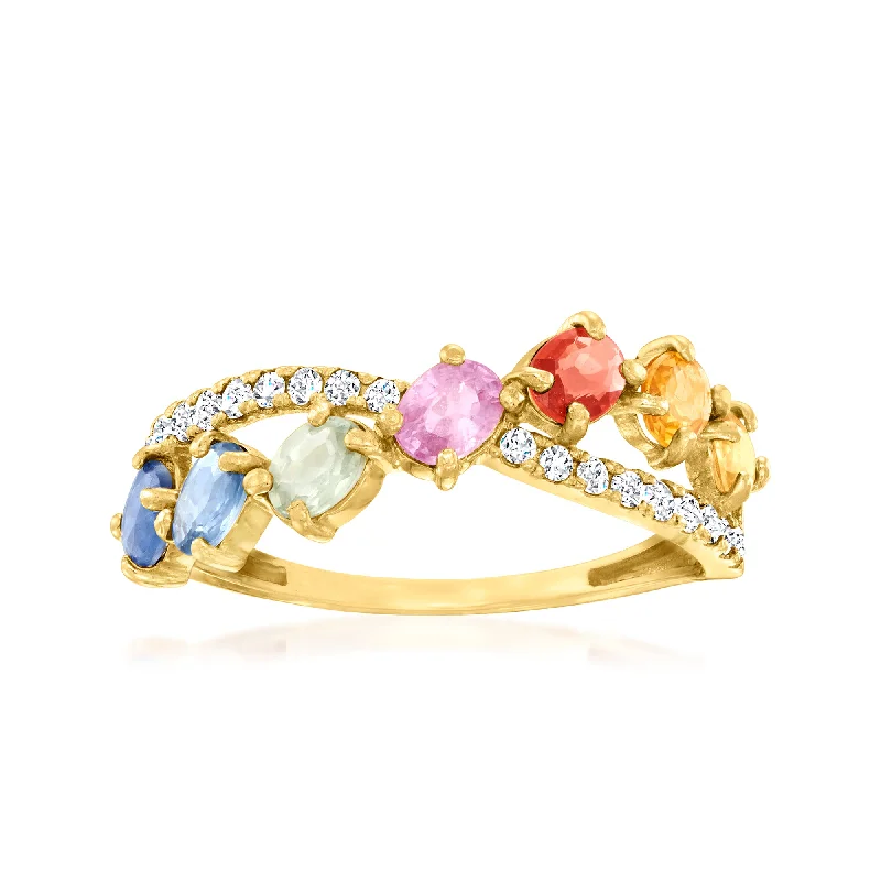 Rings with floral halo diamond arrangements -Ross-Simons Multicolored Sapphire and . Diamond Crisscross Ring in 14kt Yellow Gold