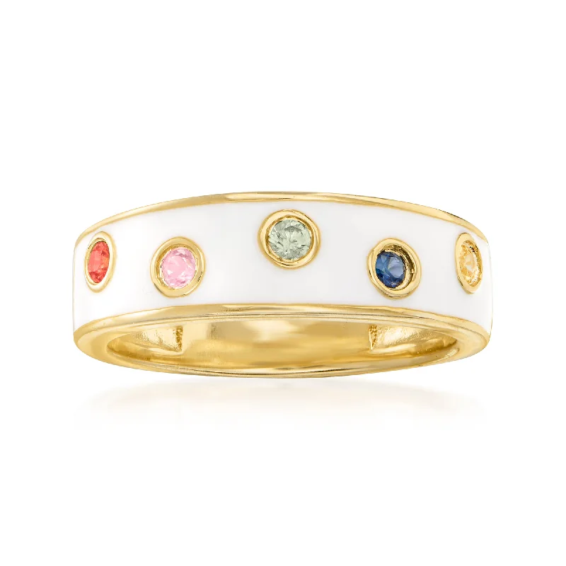 Rings with oxidized bands for vintage edge -Ross-Simons Multicolored Sapphire and White Enamel Ring in 18kt Gold Over Sterling