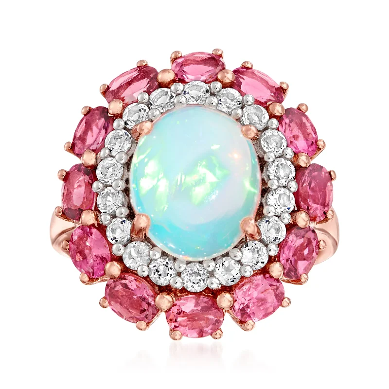 Rings with faceted garnet for deep shine -Ross-Simons Opal, Pink Tourmaline and . White Topaz Ring in 18kt Rose Gold Over Sterling