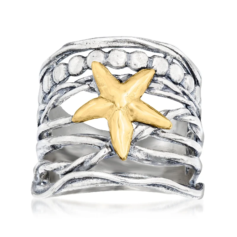 Rings with infinity loops for timeless love -Ross-Simons Sterling Silver and 14kt Yellow Gold Multi-Row Starfish Ring