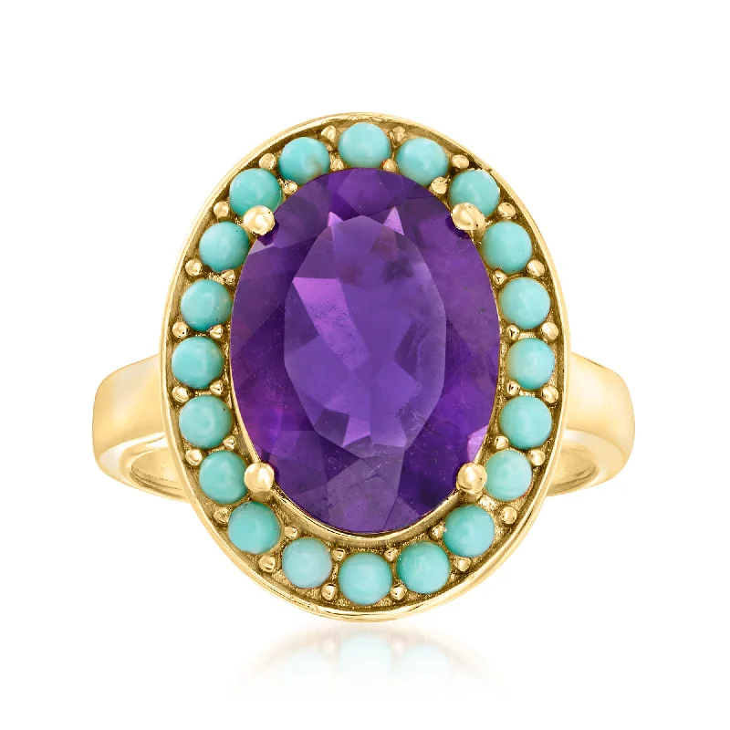 Rings with wide bands for statement wear -Ross-Simons Turquoise and Amethyst Halo Ring in 18kt Gold Over Sterling