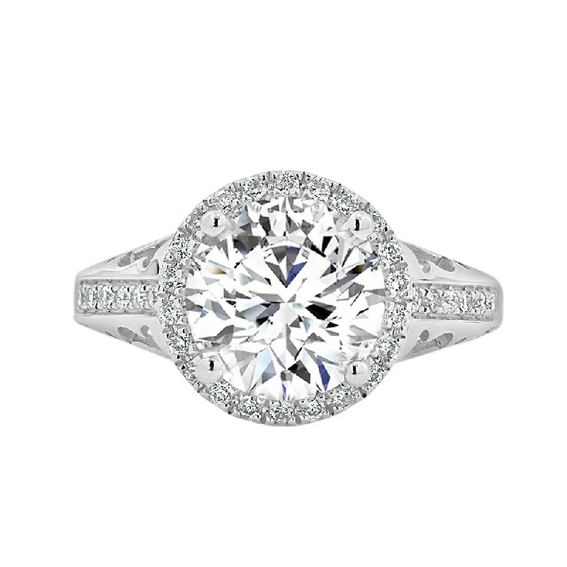 Rings with double bands for modern twist -Round 1 1/3ct Moissanite and 1/5ct TDW Diamond Halo Engagement Ring