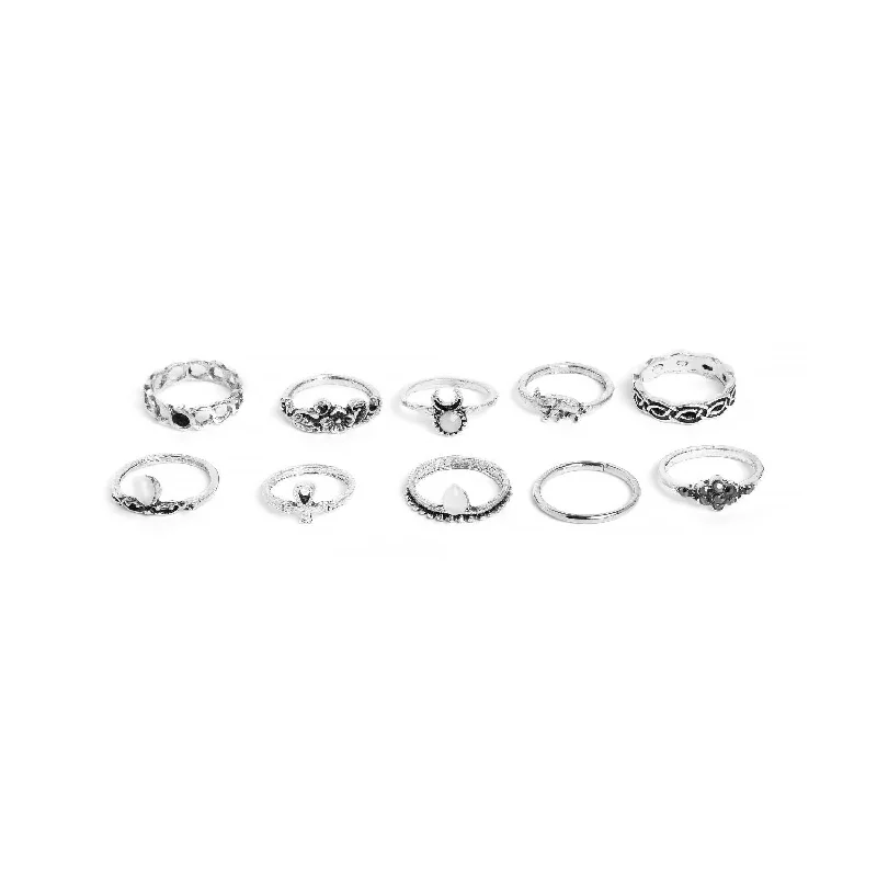 Rings with sunstone gems for fiery sparkle -Set Of 10 Oxidized Silver-toned  White Adjustable Finger Rings