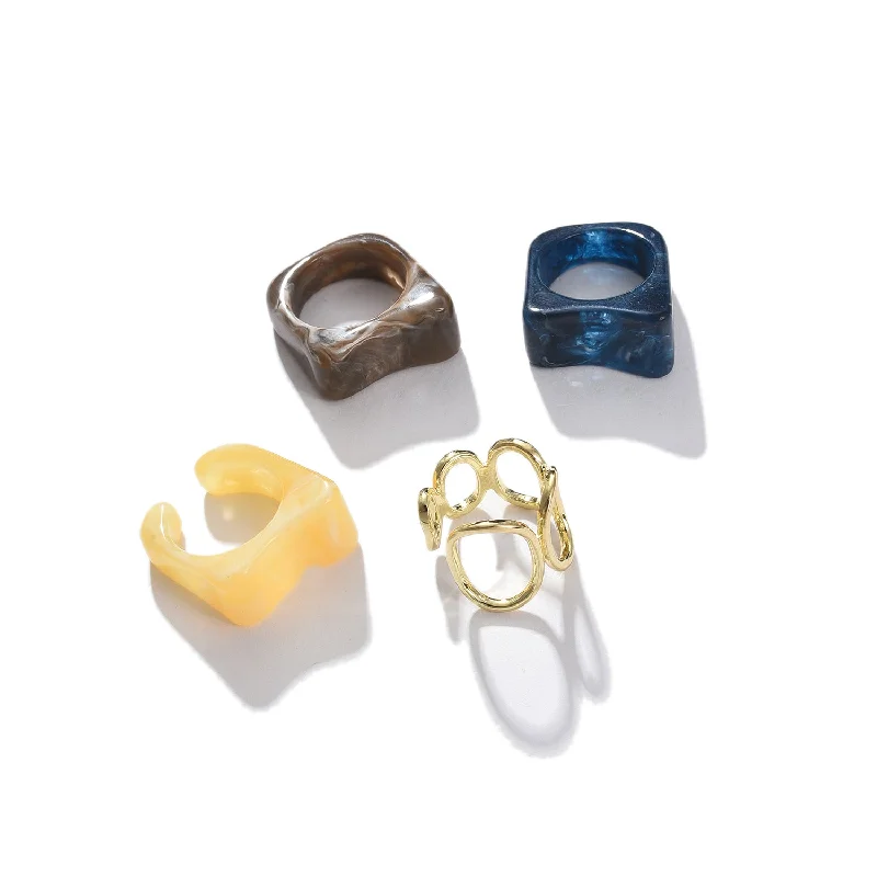 Rings with coral stones for vibrant pop -Set Of 4 Gold-plated Finger Rings