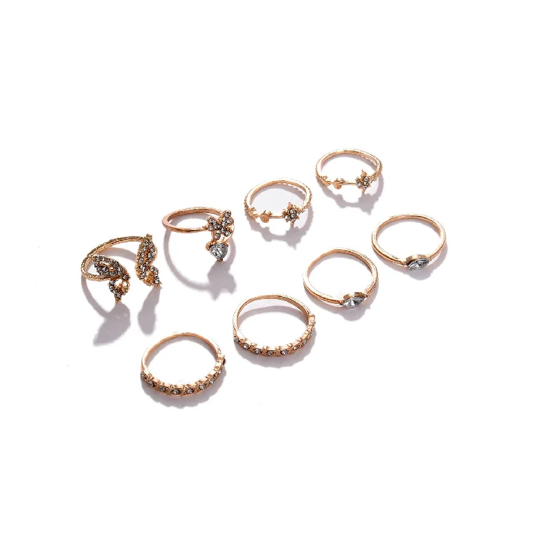 Rings with agate slices for earthy style -Set Of 8 Gold-plated White Stone-studded Finger Rings