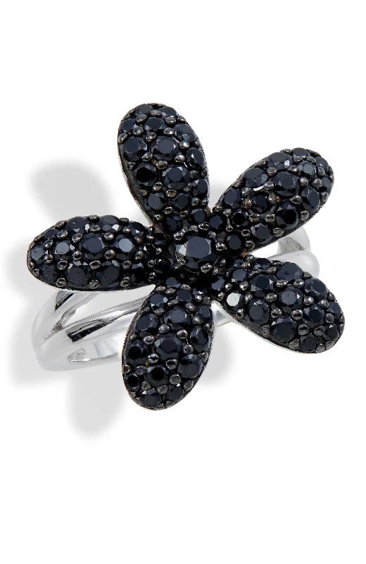 Rings with natural amber for warm glow -Sterling Silver Black  Spinel Flower