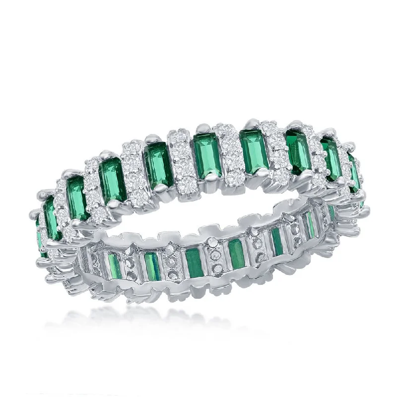 Vintage rings with engraved floral band designs -Sterling Silver Round & Baguette Eternity Band Ring - Emerald CZ