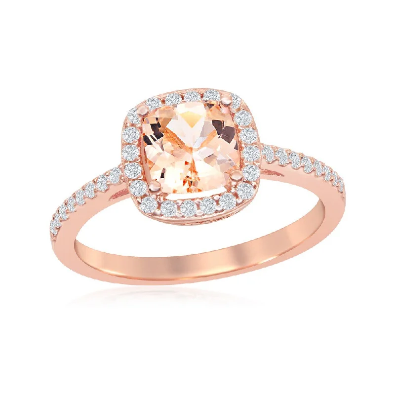 Rings with citrine stones for sunny vibes -Sterling Silver Square Morganite CZ with White CZ Border Ring - Rose Gold Plated