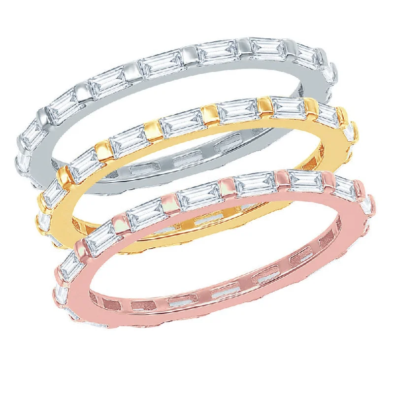 Titanium rings with rugged brushed metal look -Sterling Silver Tri-Color Baguette CZ and Beaded Eternity Triple Band Ring - Size 8